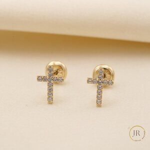 14K Solid Gold CZ Pave Cross Stud Earrings Religious Fine Jewelry